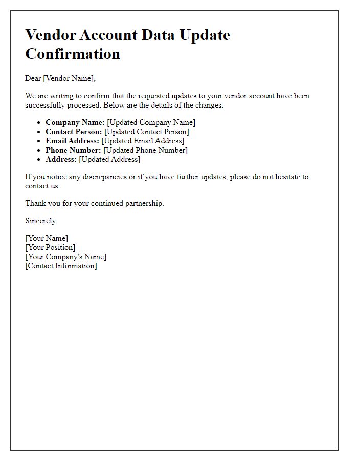 Letter template of vendor account data update confirmation