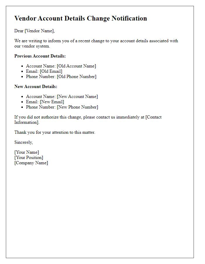 Letter template of vendor account details change notification