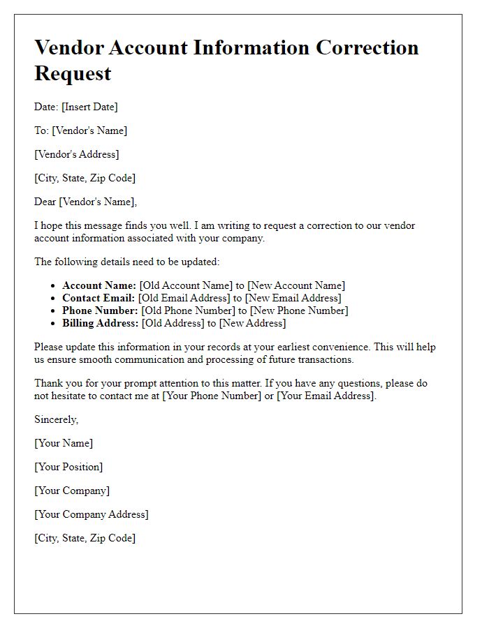 Letter template of vendor account information correction