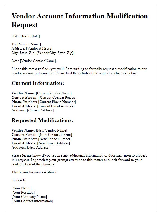 Letter template of vendor account information modification request