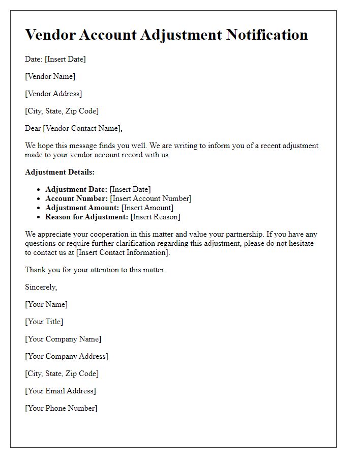 Letter template of vendor account record adjustment