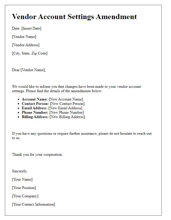 Letter template of vendor account settings amendment