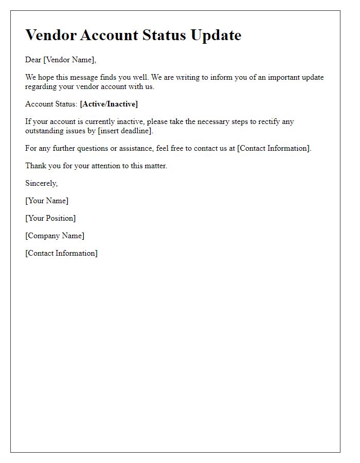 Letter template of vendor account status update