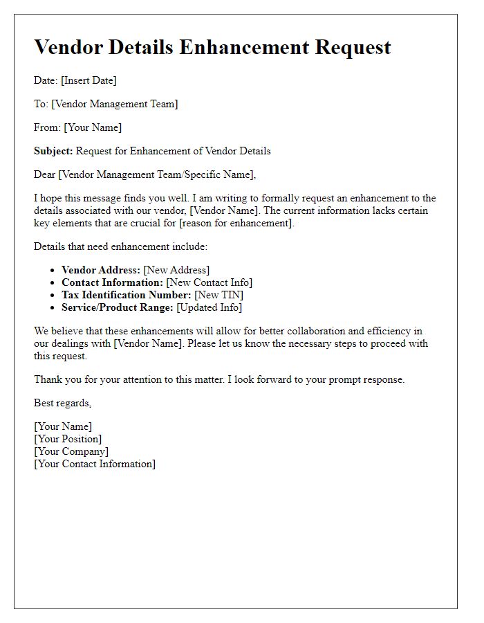 Letter template of vendor details enhancement request