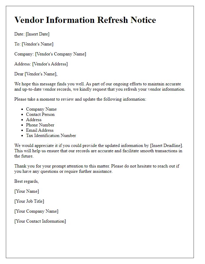 Letter template of vendor information refresh notice