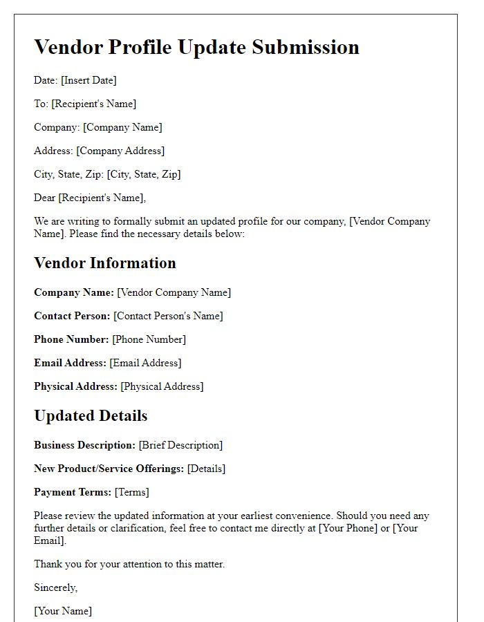 Letter template of vendor profile update submission