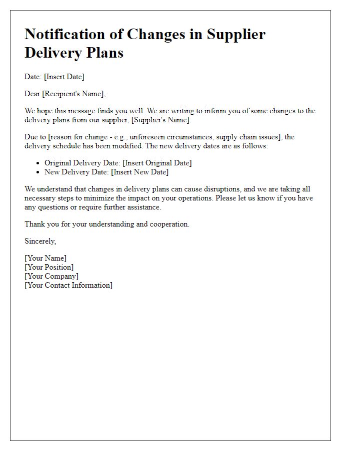 Letter template of alert for changes in supplier delivery plans