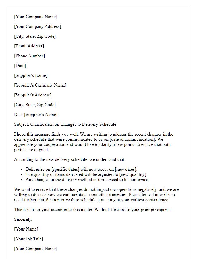 Letter template of clarification on changes to supplier delivery schedule