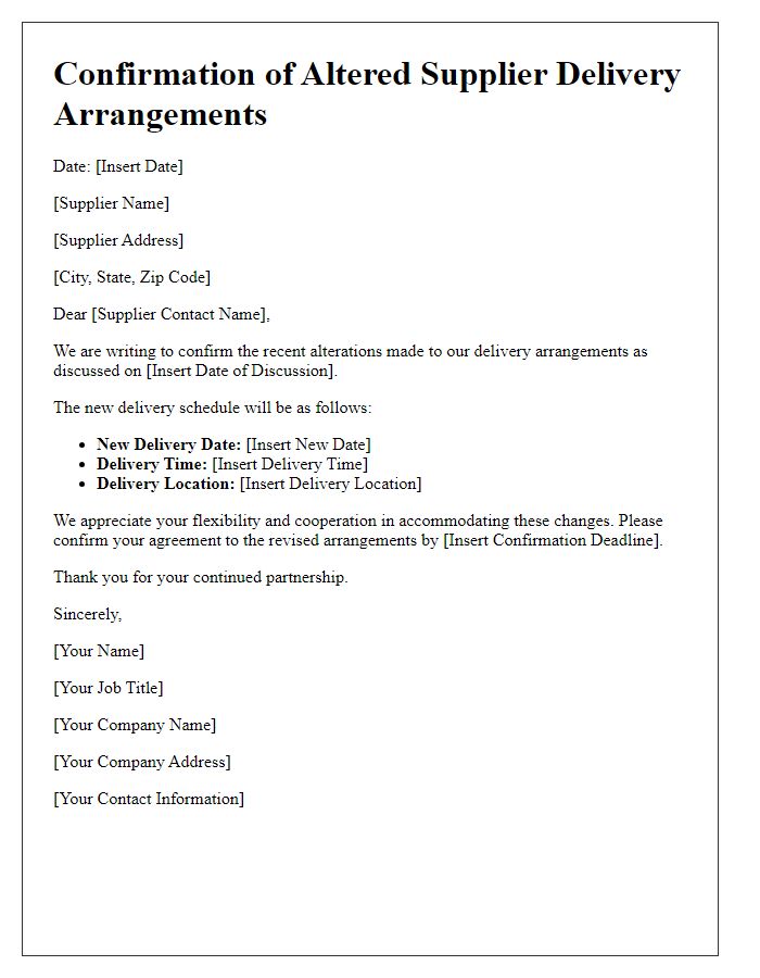 Letter template of confirmation for altered supplier delivery arrangements