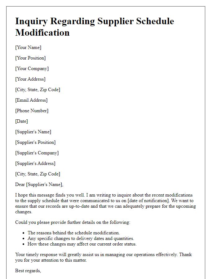 Letter template of inquiry regarding supplier schedule modification