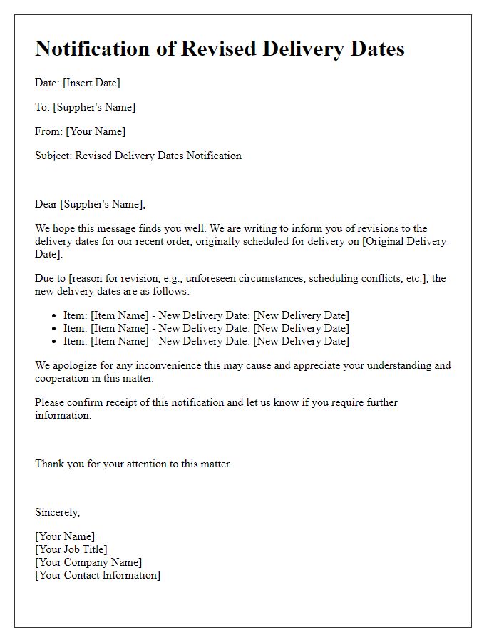 Letter template of notification for revised delivery dates from supplier