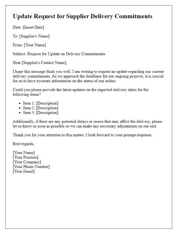 Letter template of update request for supplier delivery commitments