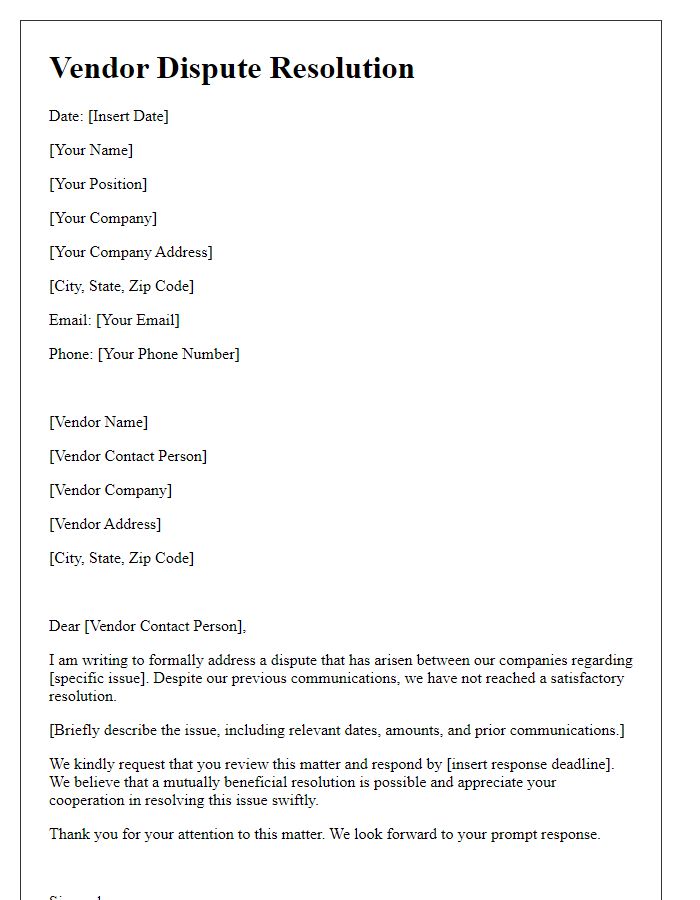 Letter template of formal communication for vendor dispute