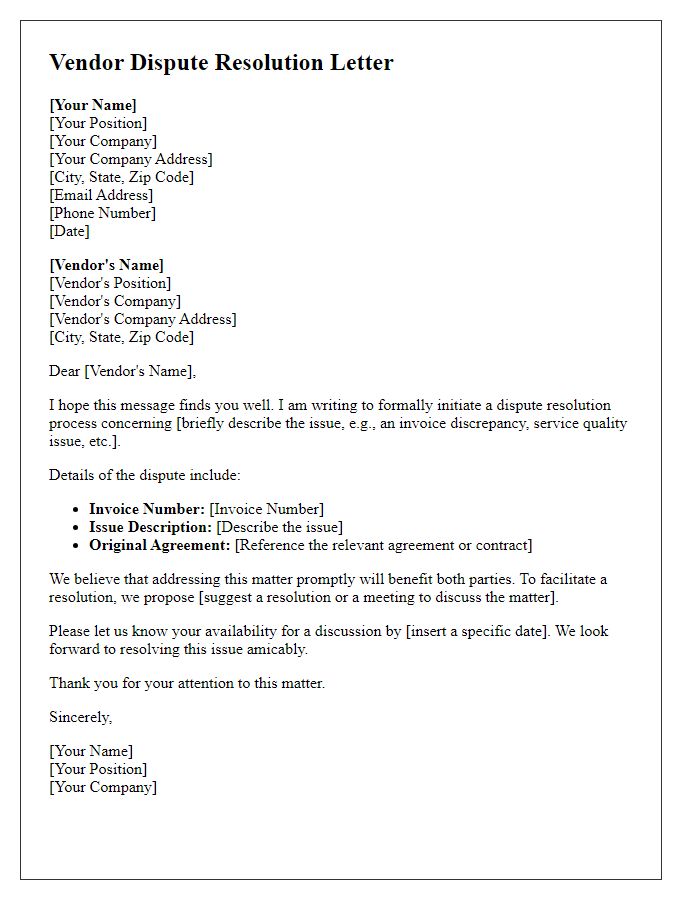 Letter template of initiating vendor dispute resolution