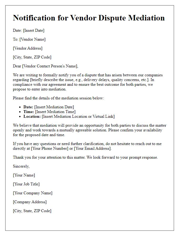 Letter template of notification for vendor dispute mediation