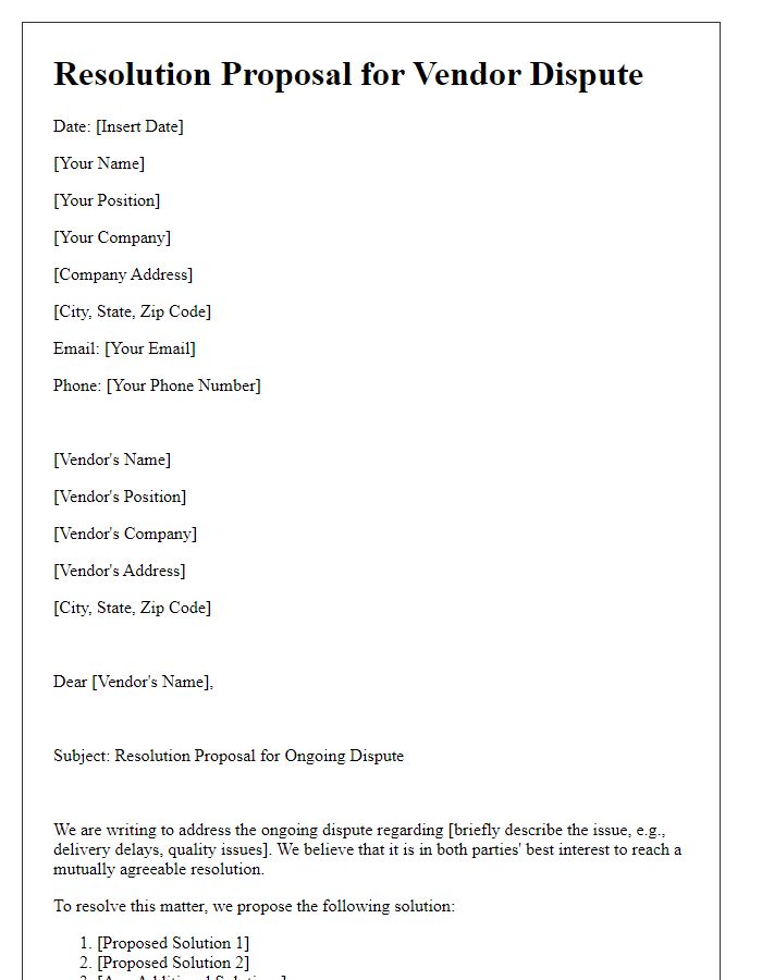 Letter template of resolution proposal for vendor dispute