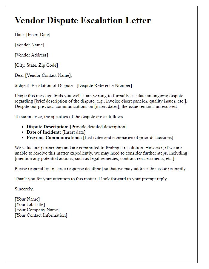 Letter template of vendor dispute escalation procedure