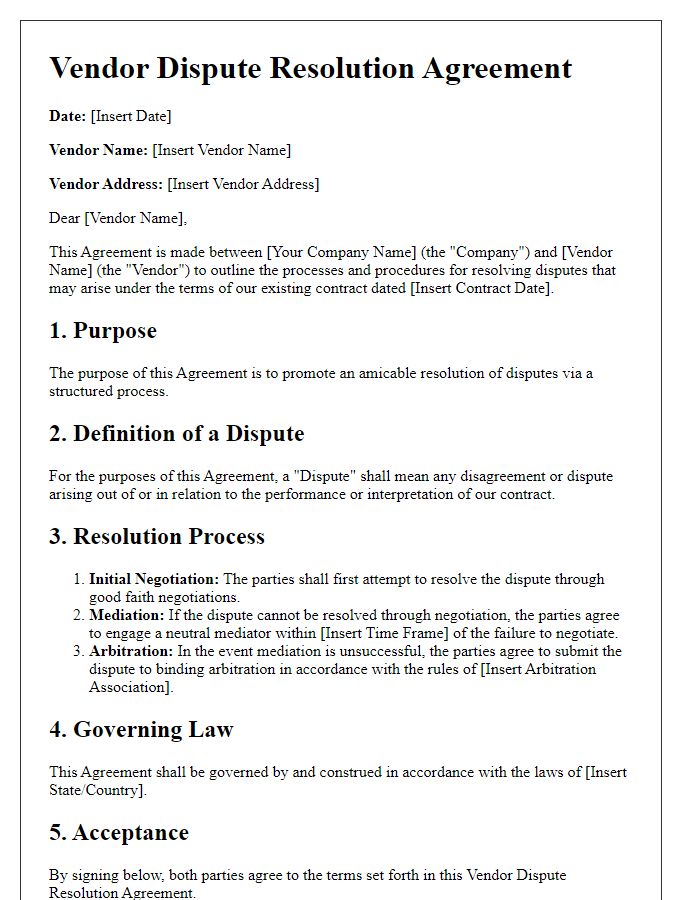 Letter template of vendor dispute resolution agreement