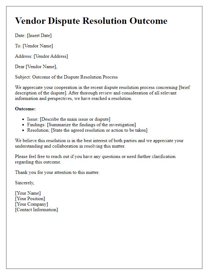Letter template of vendor dispute resolution outcome
