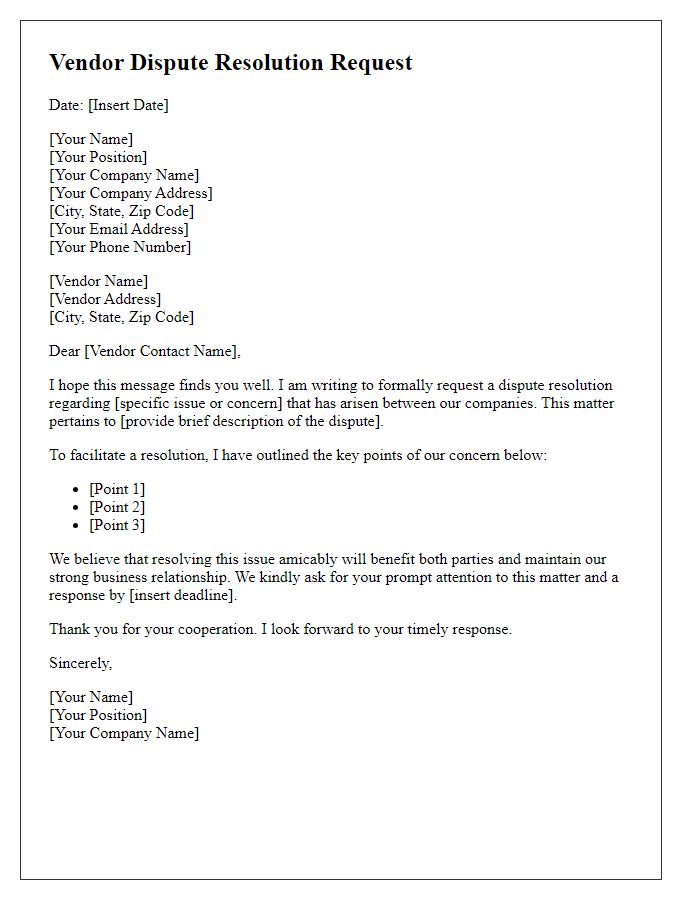 Letter template of vendor dispute resolution request