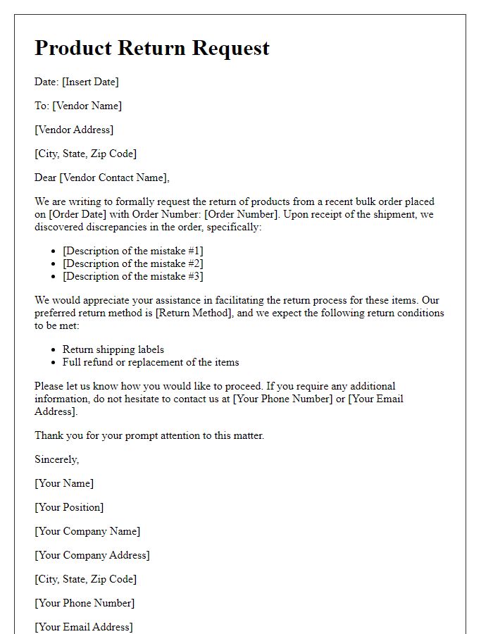 Letter template of vendor product return request for bulk order mistakes