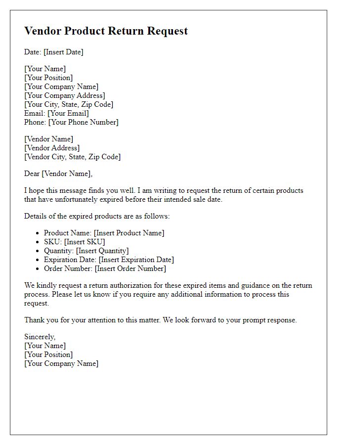 Letter template of vendor product return request for expired goods