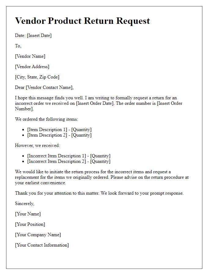 Letter template of vendor product return request for incorrect order