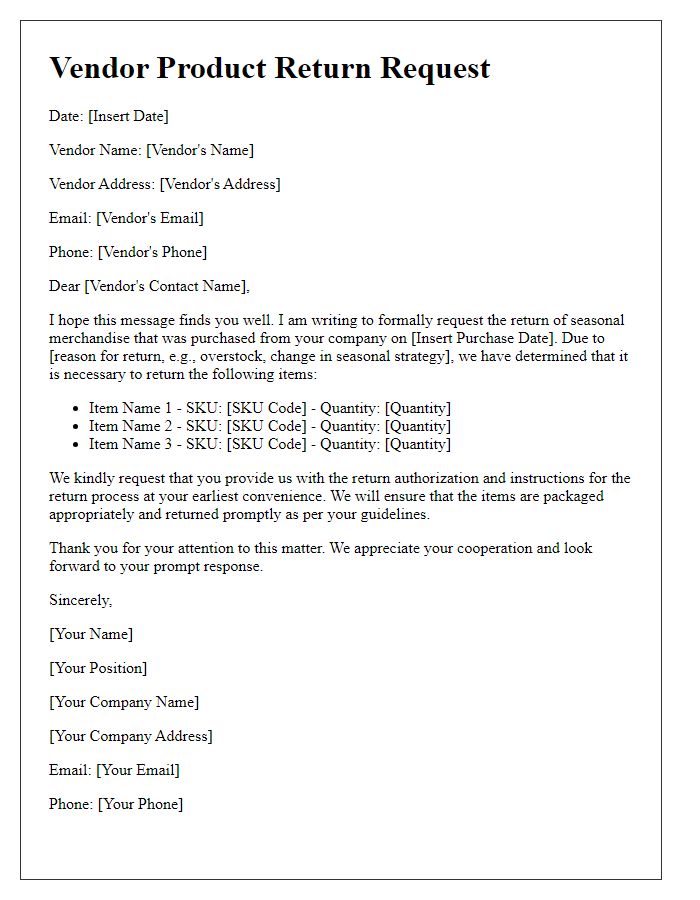 Letter template of vendor product return request for seasonal merchandise