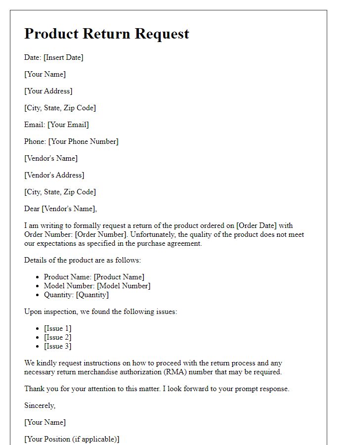 Letter template of vendor product return request for unsatisfactory quality