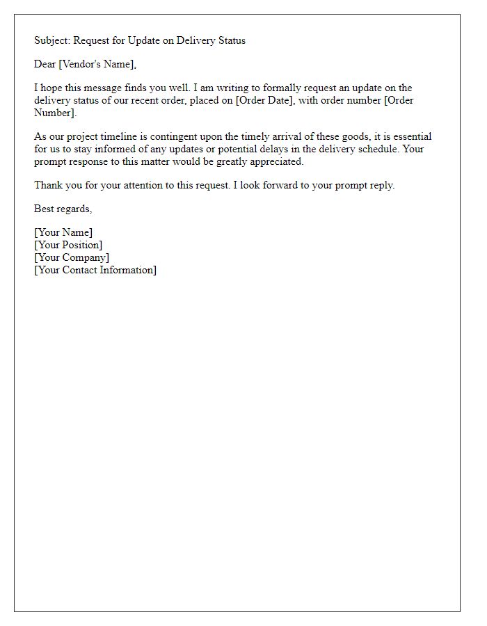 Letter template of formal request to track vendor delivery status