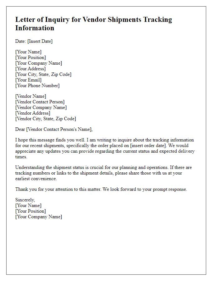 Letter template of inquiry for tracking information on vendor shipments