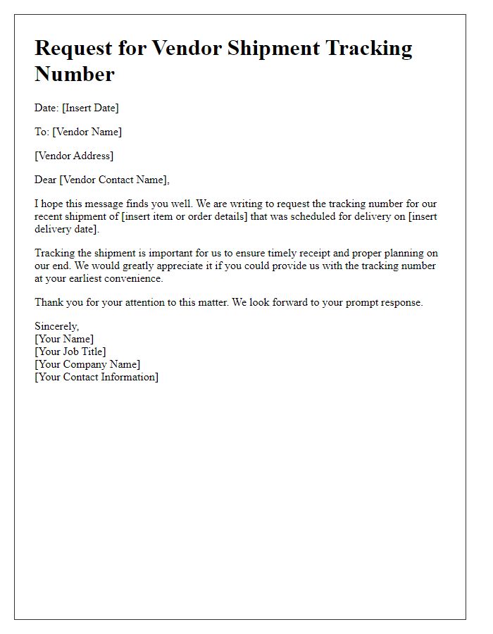 Letter template of notification request for vendor shipment tracking number