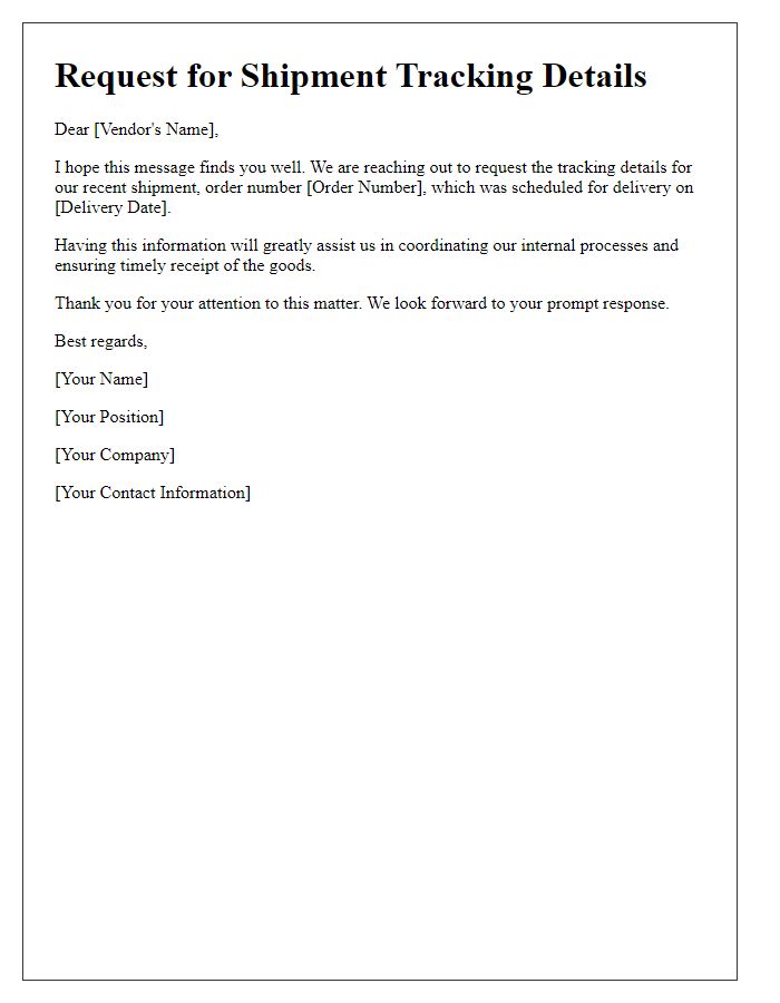 Letter template of request for vendor shipment tracking details