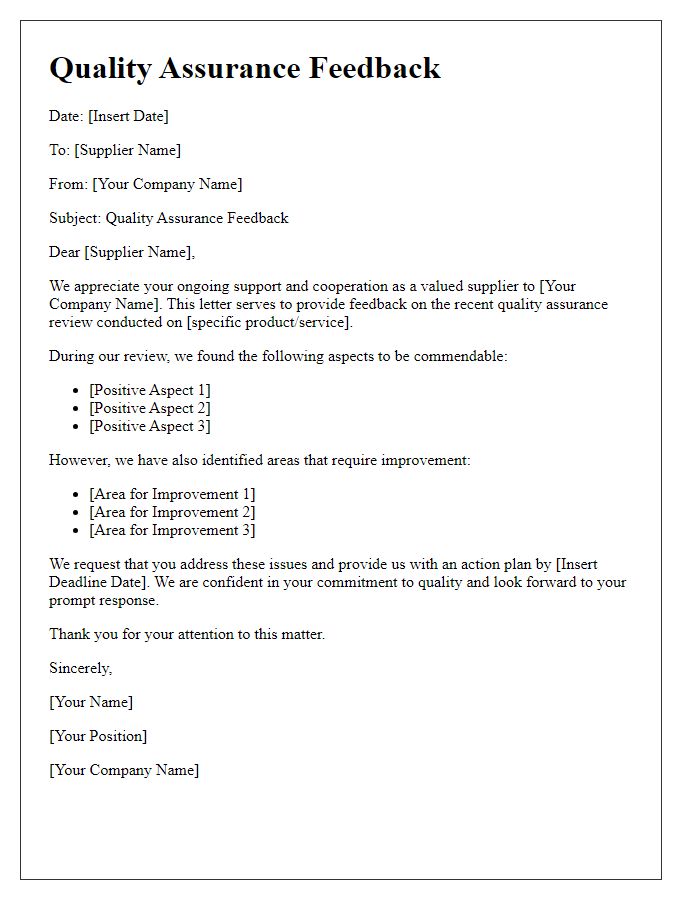 Letter template of quality assurance feedback for supplier