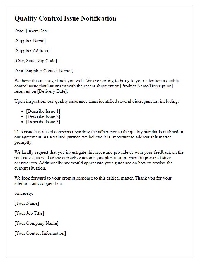 Letter template of quality control issue with supplier