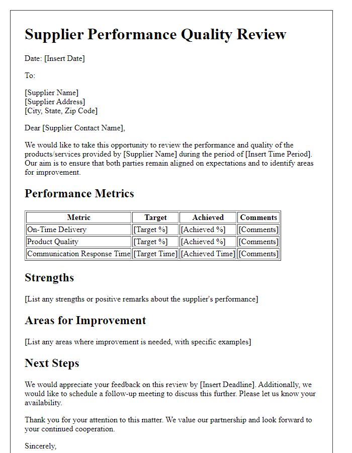 Letter template of supplier performance quality review