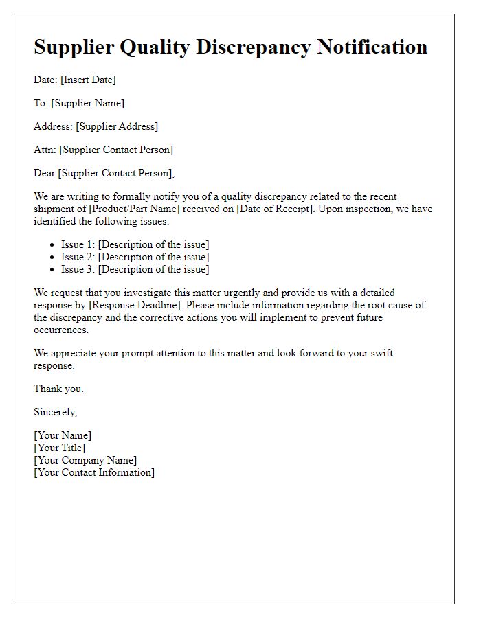 Letter template of supplier quality discrepancy notification