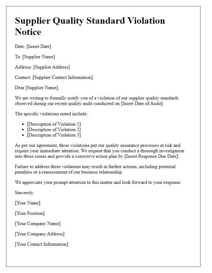 Letter template of supplier quality standard violation notice