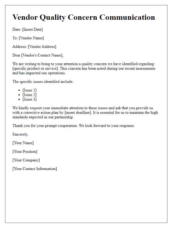 Letter template of vendor quality concern communication