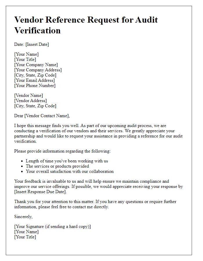 Letter template of Vendor Reference Request for Audit Verification