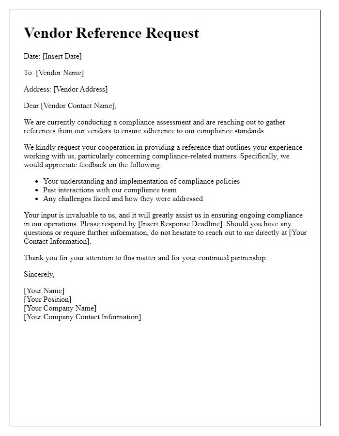 Letter template of Vendor Reference Request for Compliance Assessment