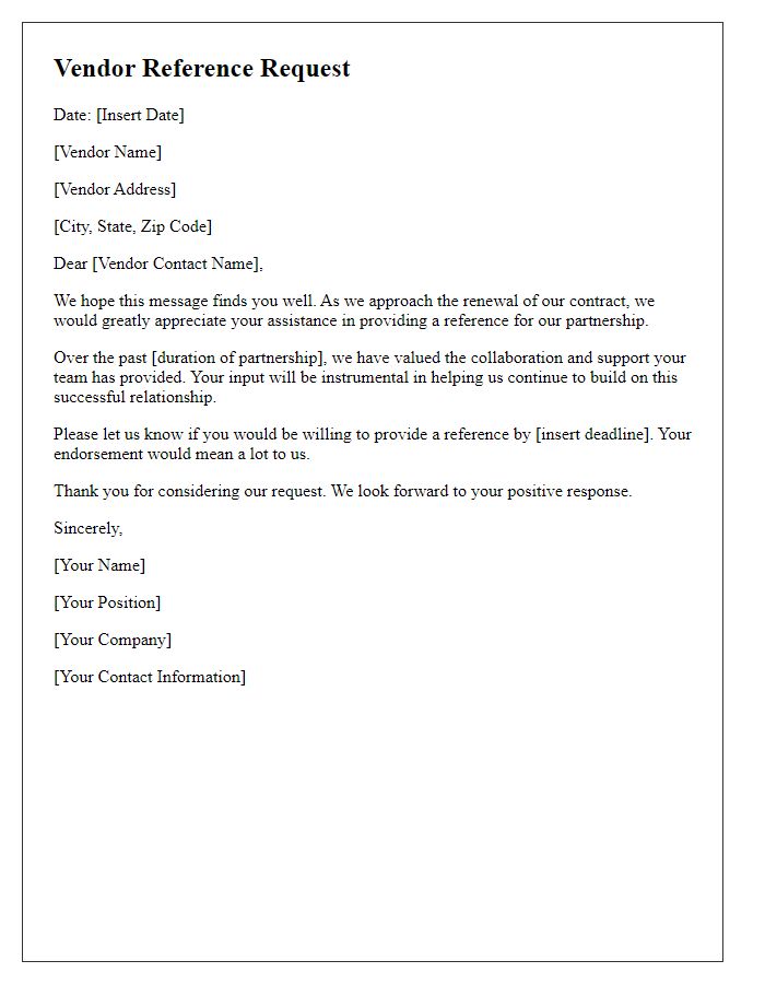 Letter template of Vendor Reference Request for Contract Renewal