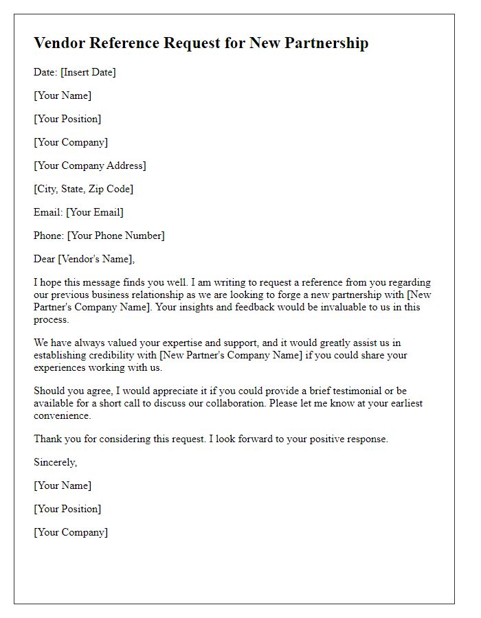 Letter template of Vendor Reference Request for New Partnership
