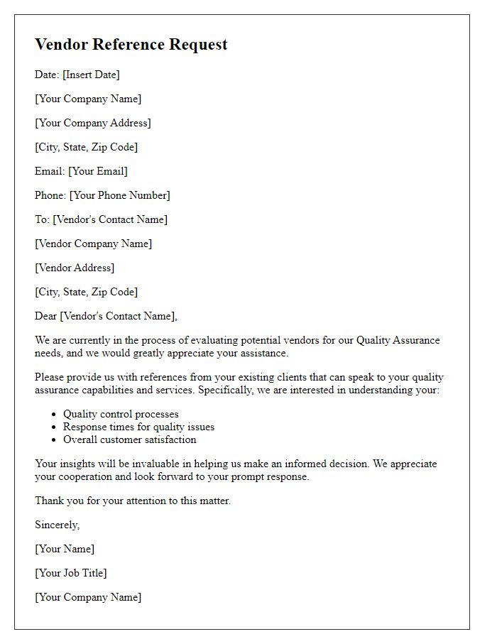 Letter template of Vendor Reference Request for Quality Assurance
