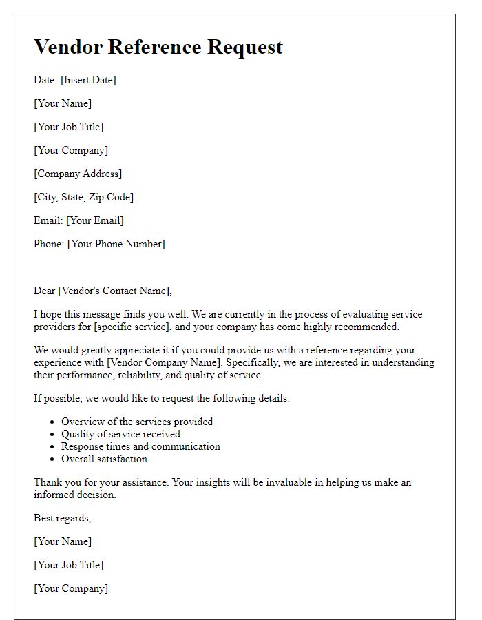 Letter template of Vendor Reference Request for Service Evaluation