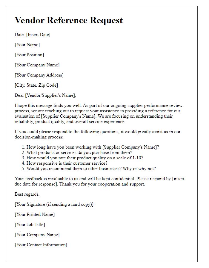 Letter template of Vendor Reference Request for Supplier Performance Review