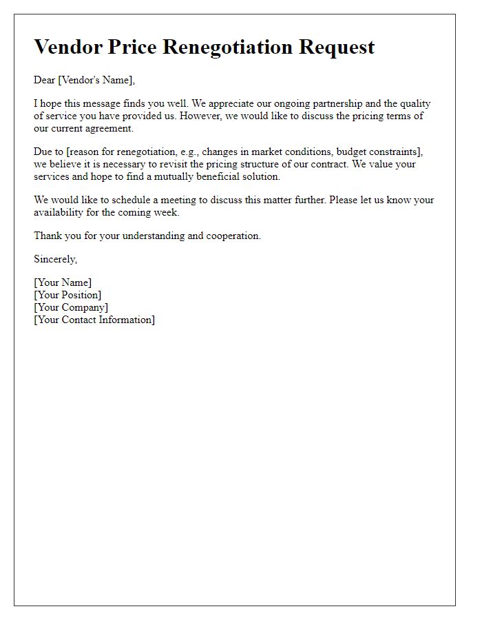 Letter template of vendor price renegotiation