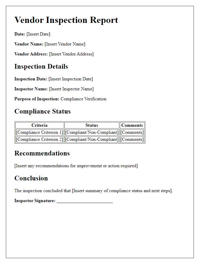 Letter template of vendor inspection report for compliance verification