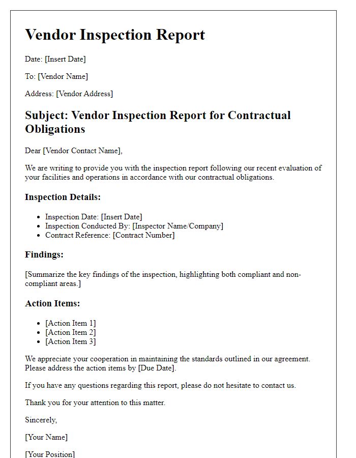 Letter template of vendor inspection report for contractual obligations