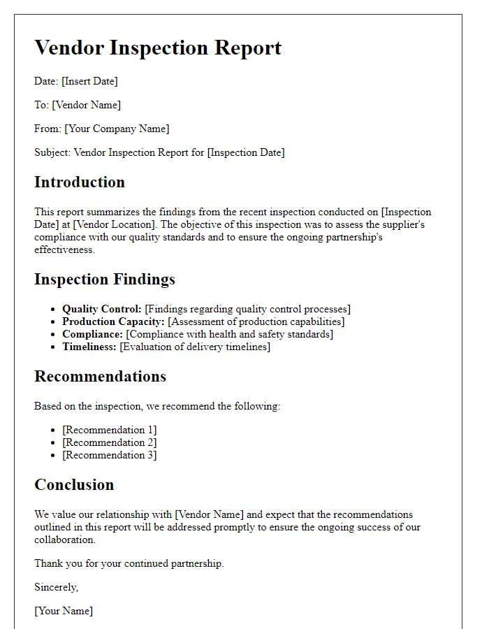 Letter template of vendor inspection report for ongoing supplier relationship management